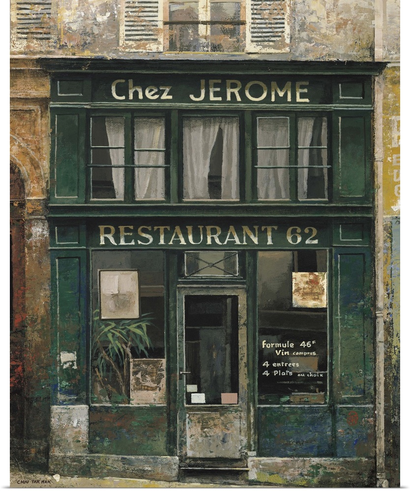 Contemporary painting of a restauarant storefront downtown in a city.