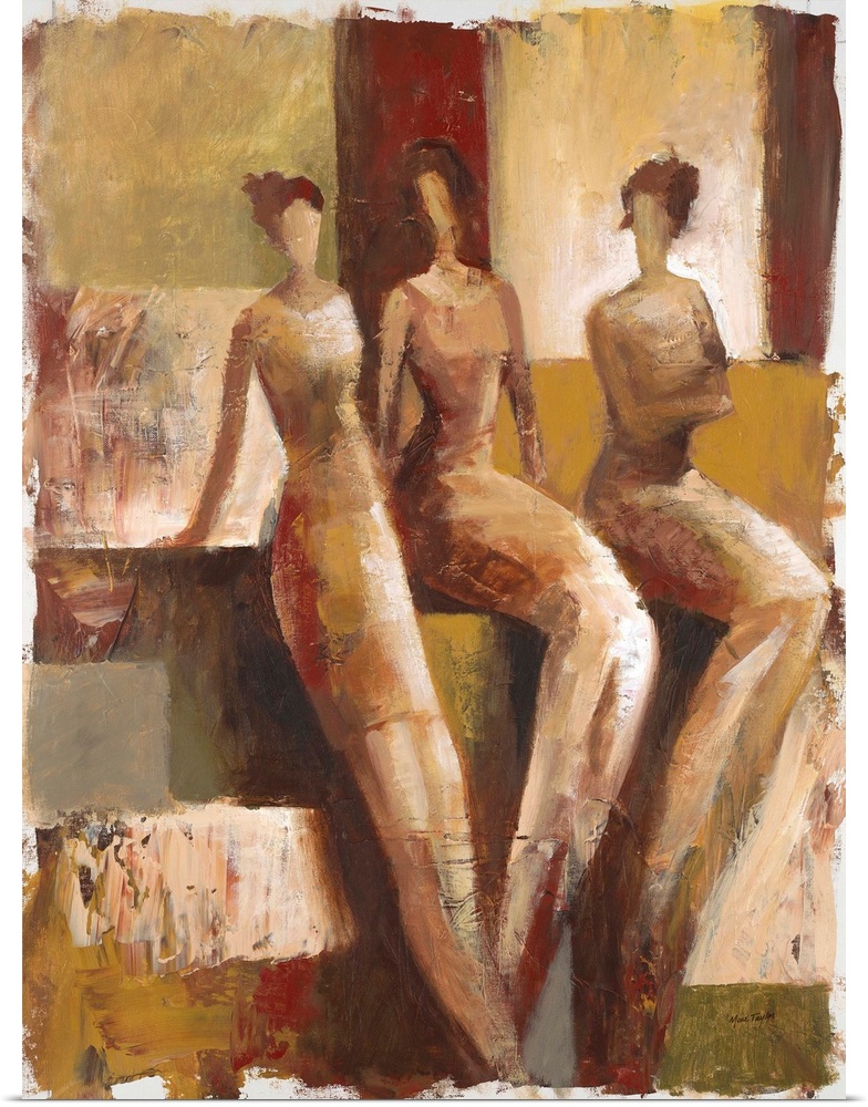 Contemporary painting of three female figures standing against an earth toned geometric background.