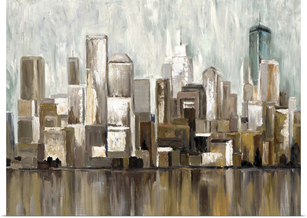 Contemporary artwork of a city skyline casting a reflection in the river below.