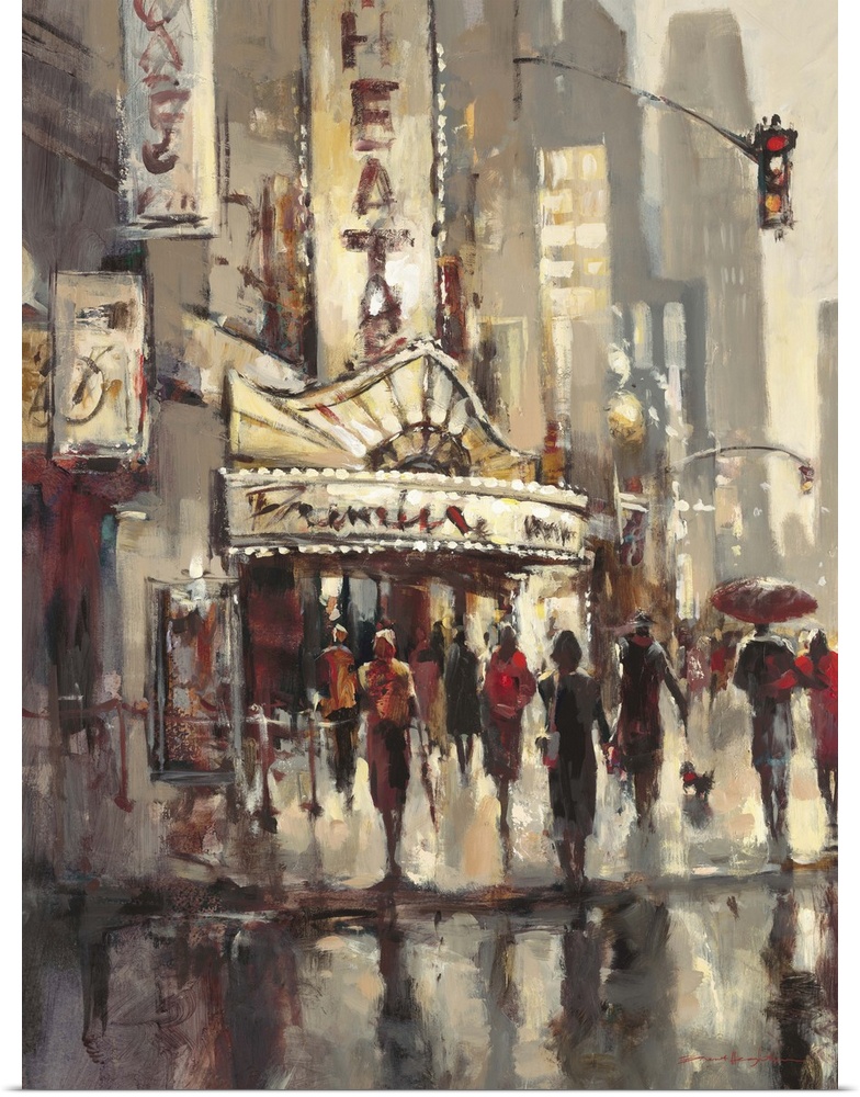 Painting of city streets with people casting reflections on a wet road, with a theater in the background.
