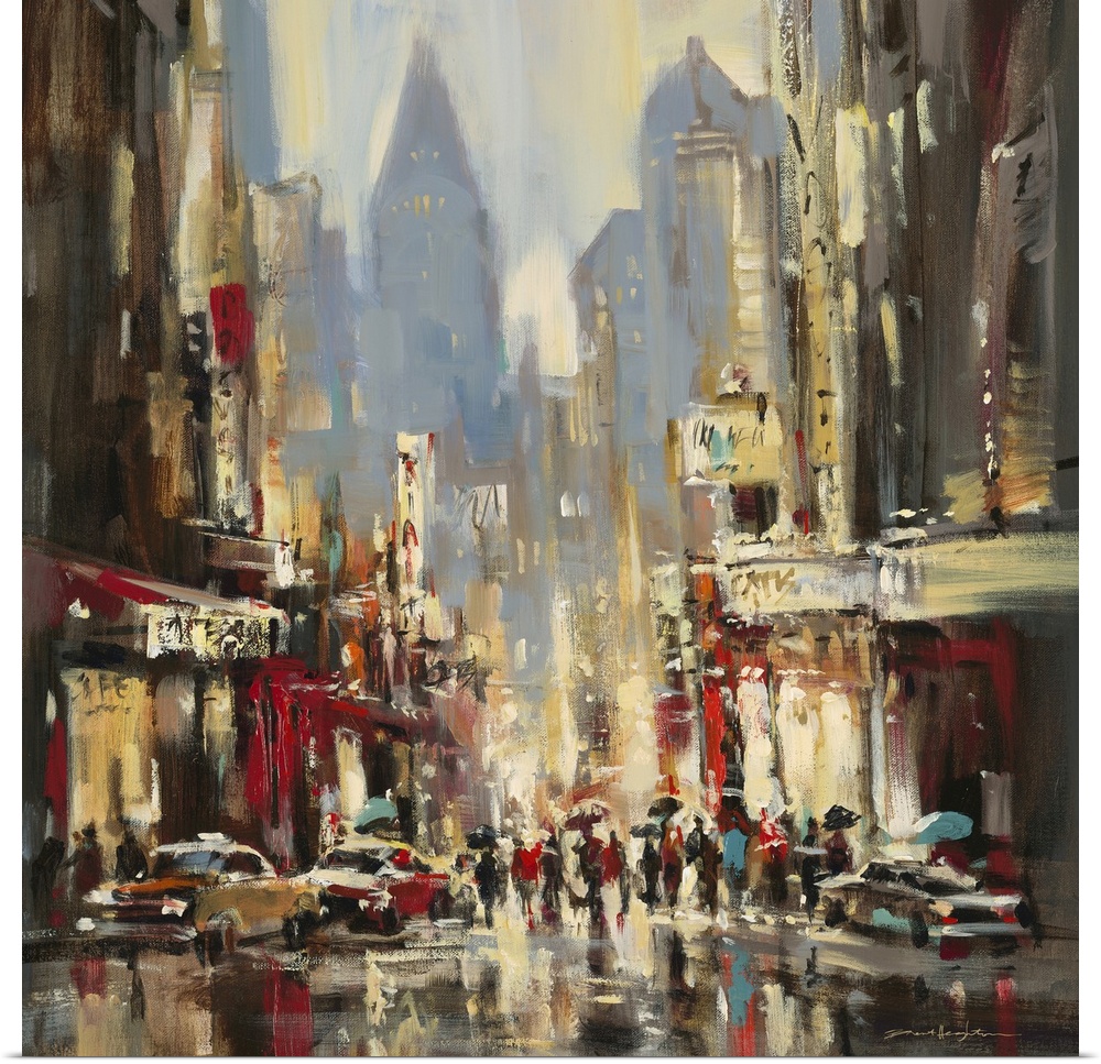 Contemporary painting of a city street lined with cars and people vanishing into a jungle of skyscrapers.