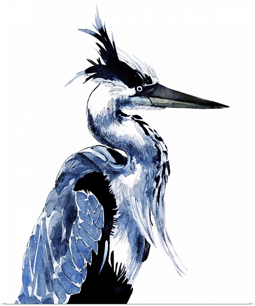 Contemporary painting of a blue heron looking up at the sky.