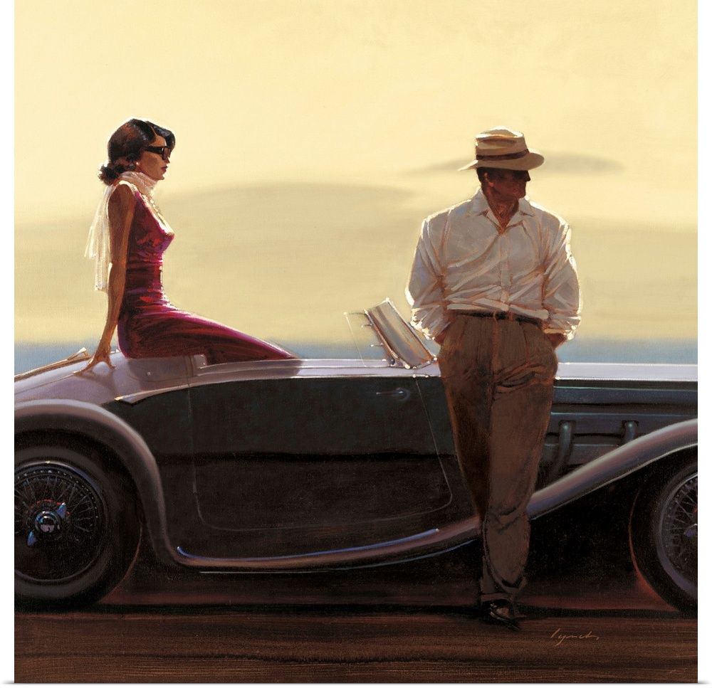 Contemporary painting of a woman sitting in the back of a vintage car, with a man standing outside the car leaning against...
