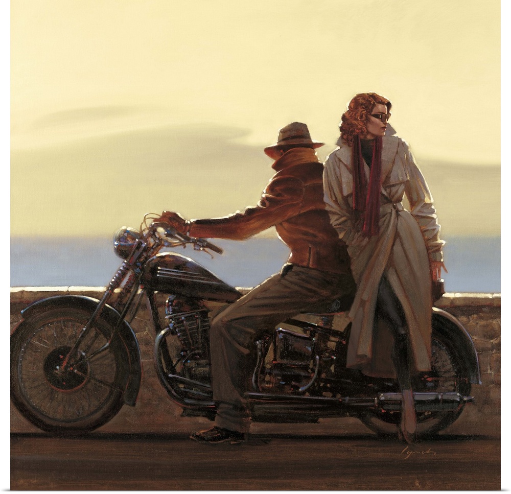 Contemporary painting of man sitting on a motorcycle with a woman standing beside him.