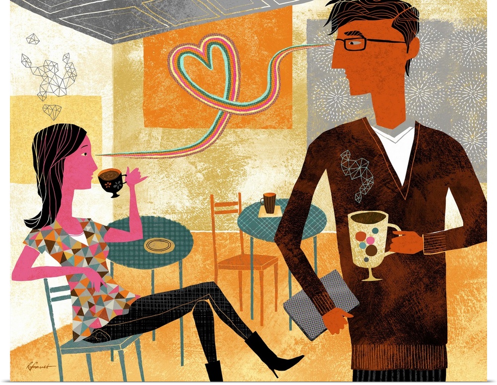 Contemporary illustration with a retro feel of a man and a woman sharing a cup of coffee in a cafe.