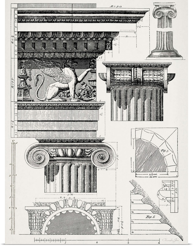 Black and white architectural illustration and blueprint of detailed columns with numbered measurements in the background.