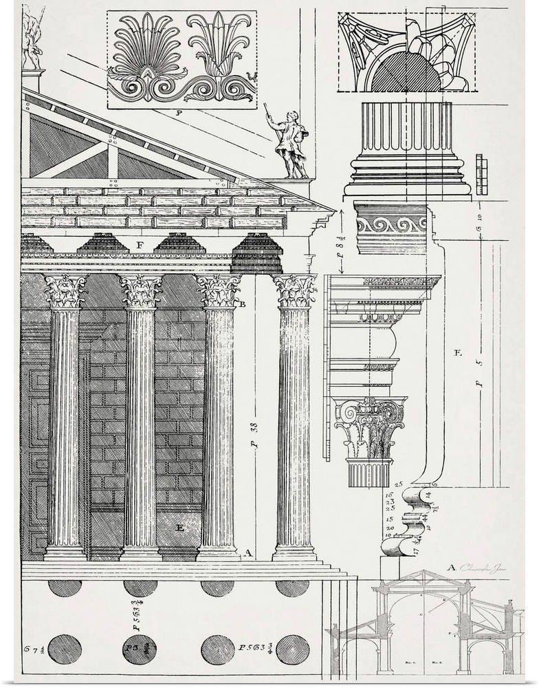 Black and white architectural illustration and blueprint of detailed columns with numbered measurements in the background.