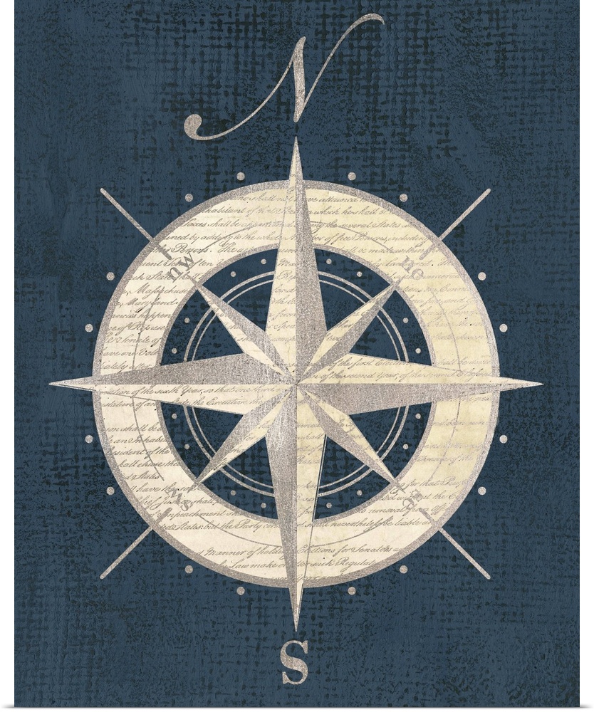 Artwork of an antique compass rose representing north and south.