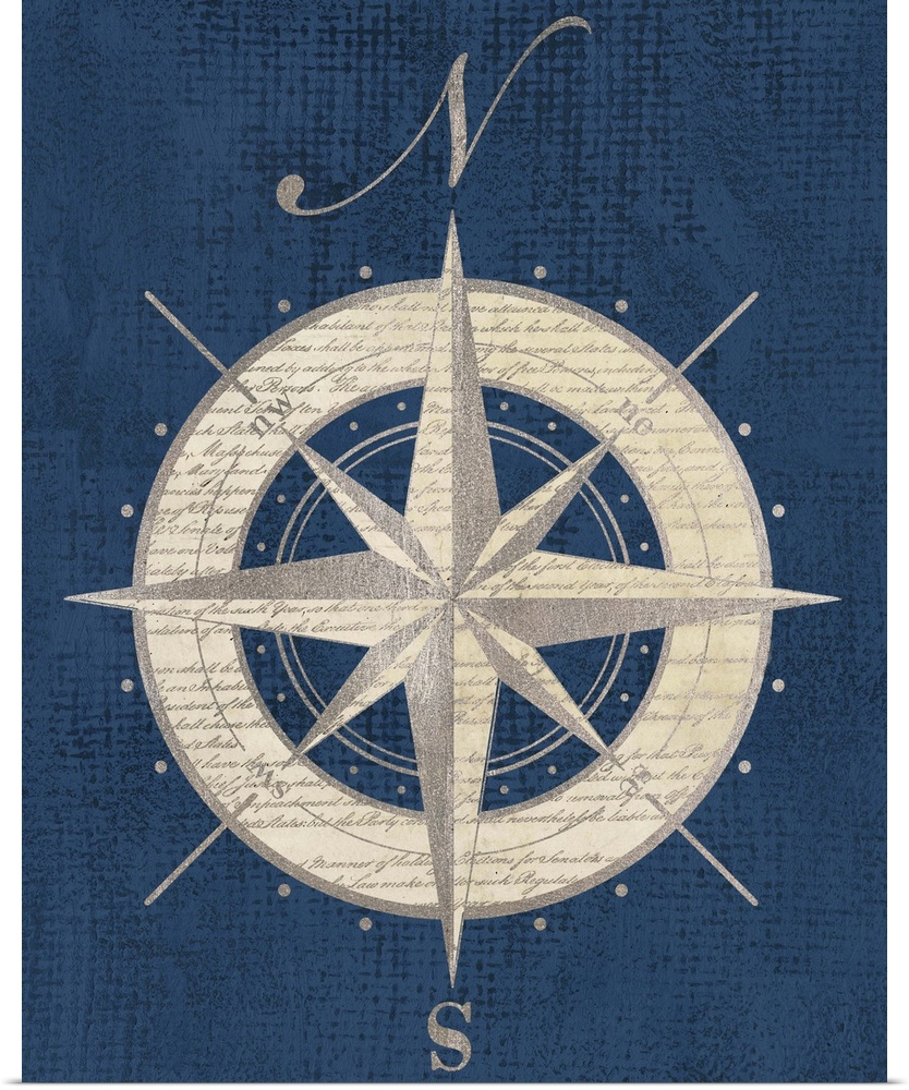Artwork of an antique compass rose representing north and south.
