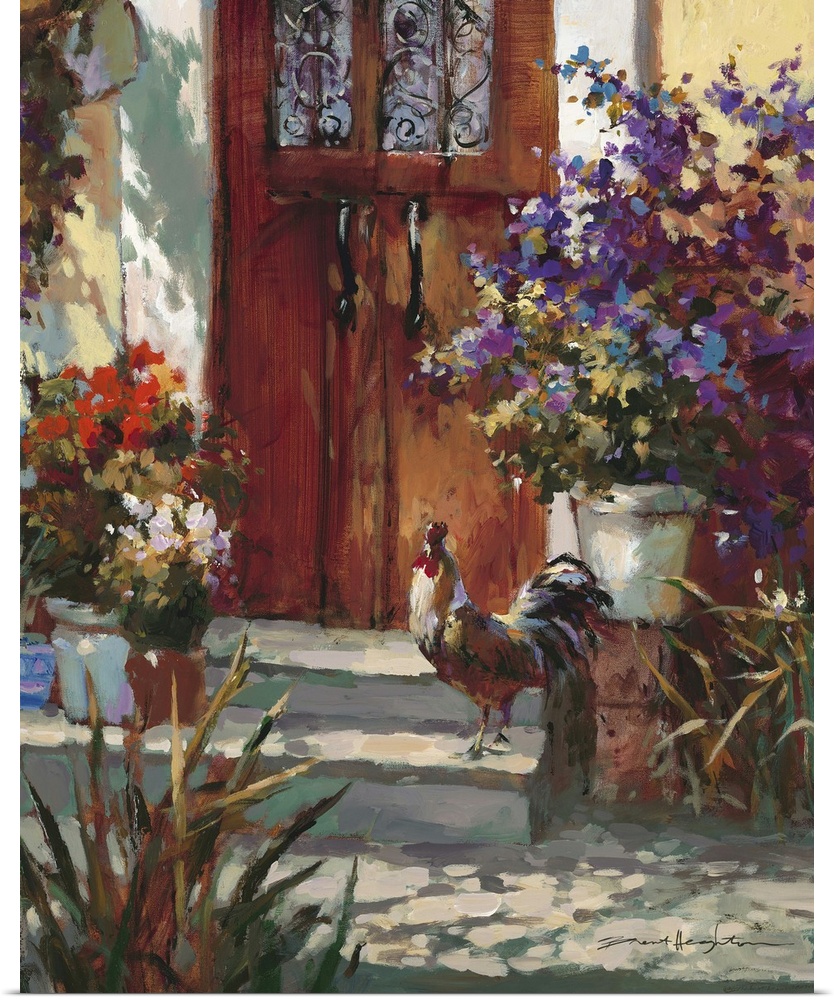Contemporary painting of a village house front door, with a rooster surrounded by vibrant flowers all around.