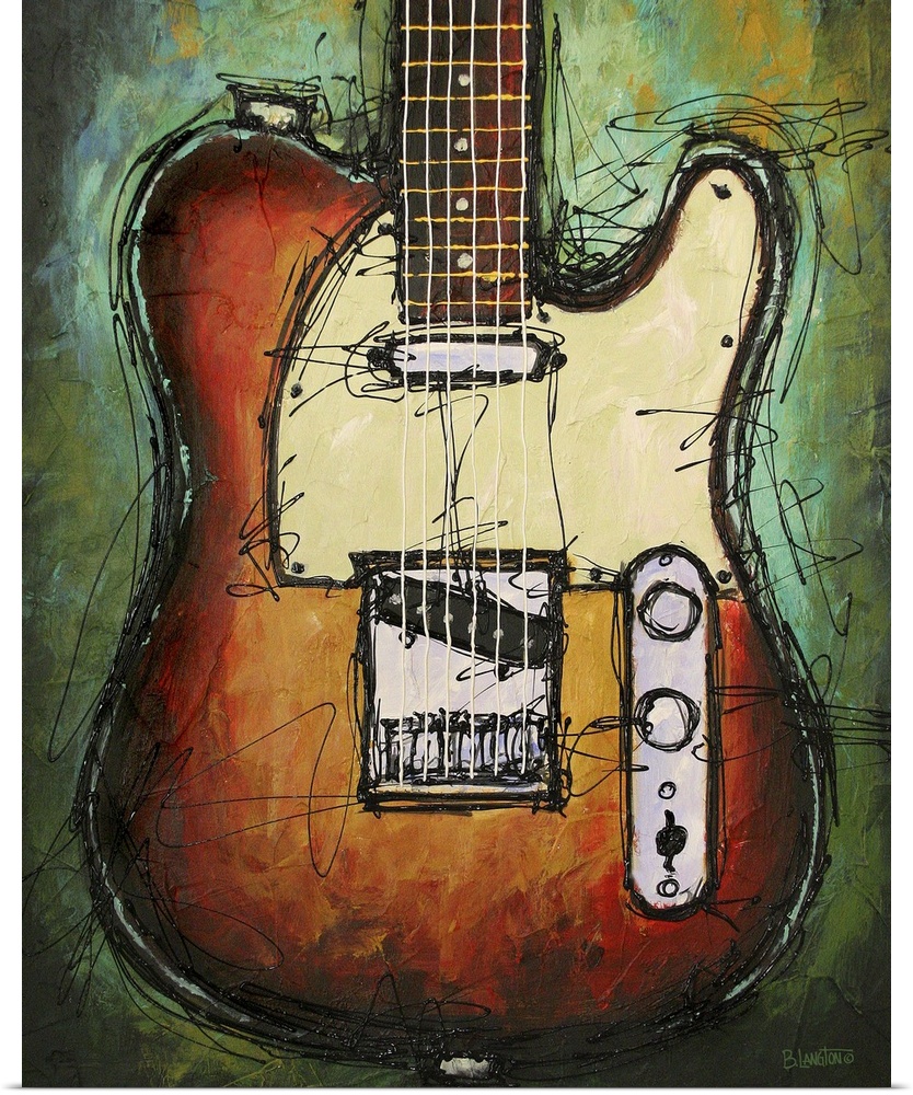 Contemporary painting of a guitar against a green background.