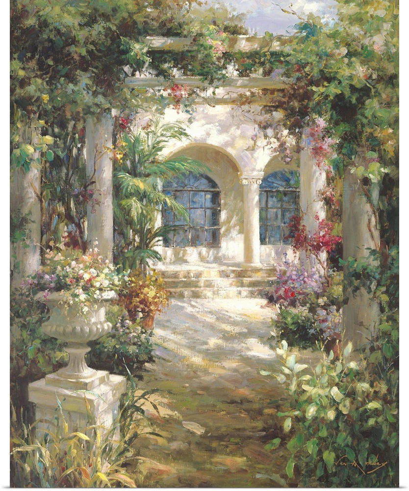 Painting of a shady courtyard with arches and columns.