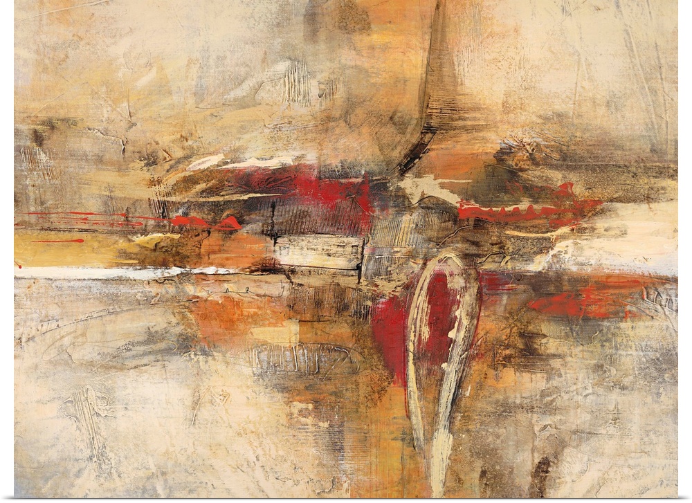 Contemporary abstract art print with a heavy texture effect in coppery shades of orange and red.