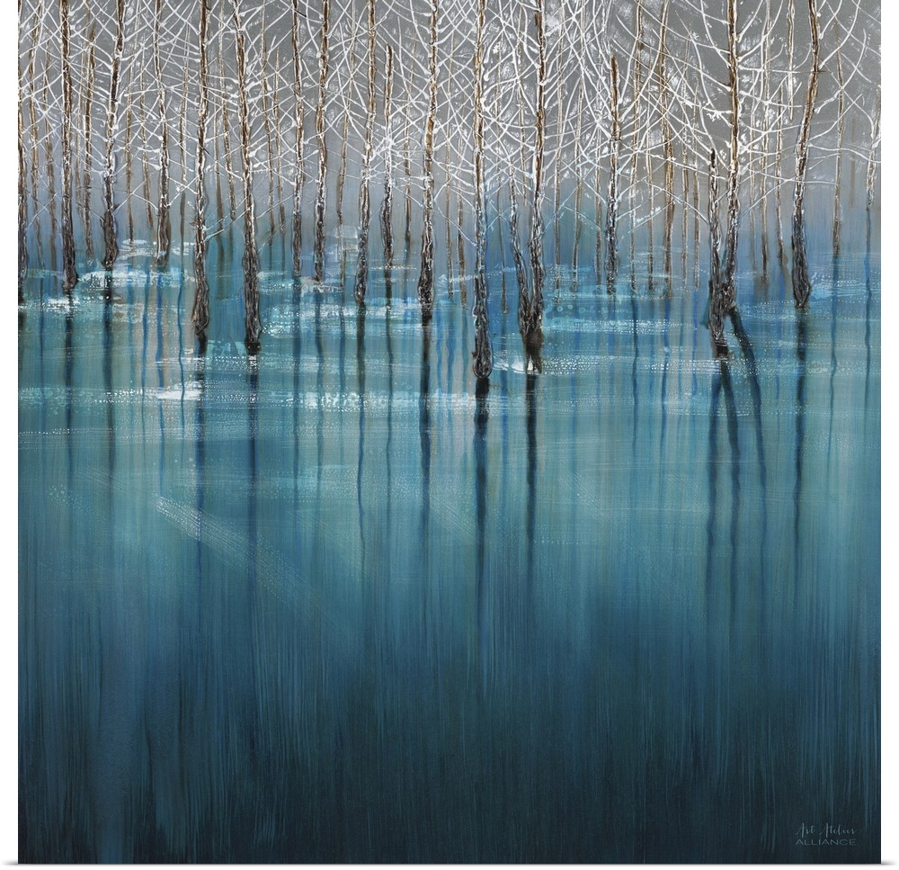 Home decor artwork of a grove of white trees standing in a crystal blue waterscape.