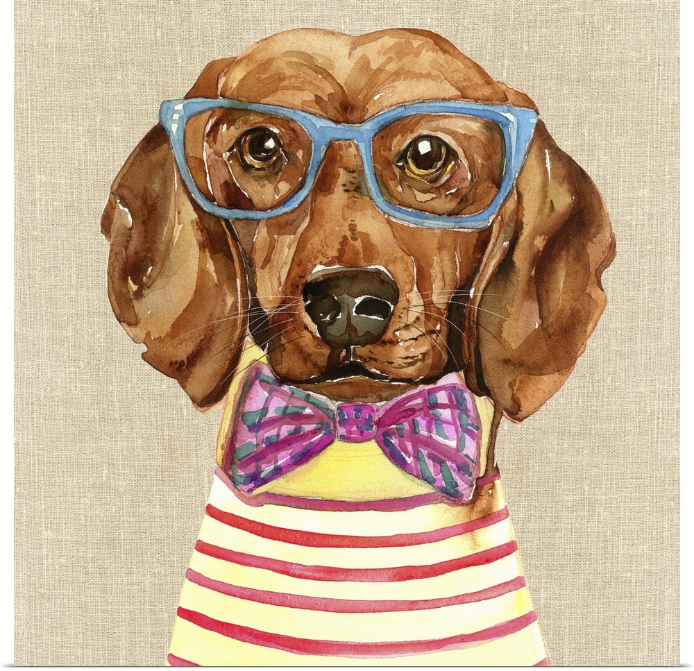 A contemporary painting of a Dachshund wearing a pink and purple bow tie and blue glasses.