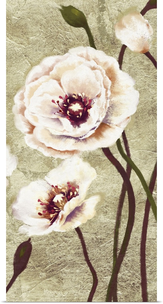 Contemporary home decor art of soft pale pink poppies against a weathered rustic background.