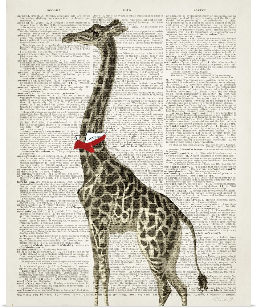 Vintage illustration of a giraffe with a bowtie on a dictionary page.