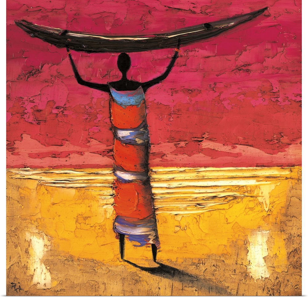 Contemporary painting of a tribal figure holding a boat above head.