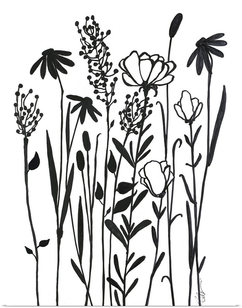 Simple black and white illustration of long-stemmed flowers.