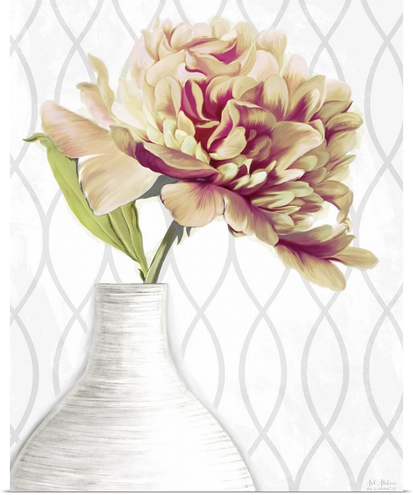 Home decor artwork of yellow and pink peony's in a white vase.