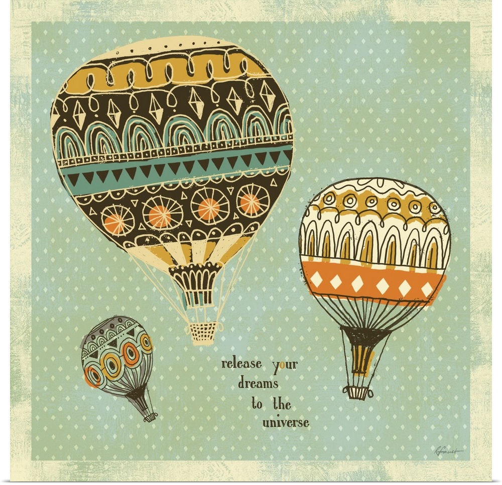 Contemporary illustration with a retro feel of hot air balloons floating against a diamond patterned background.