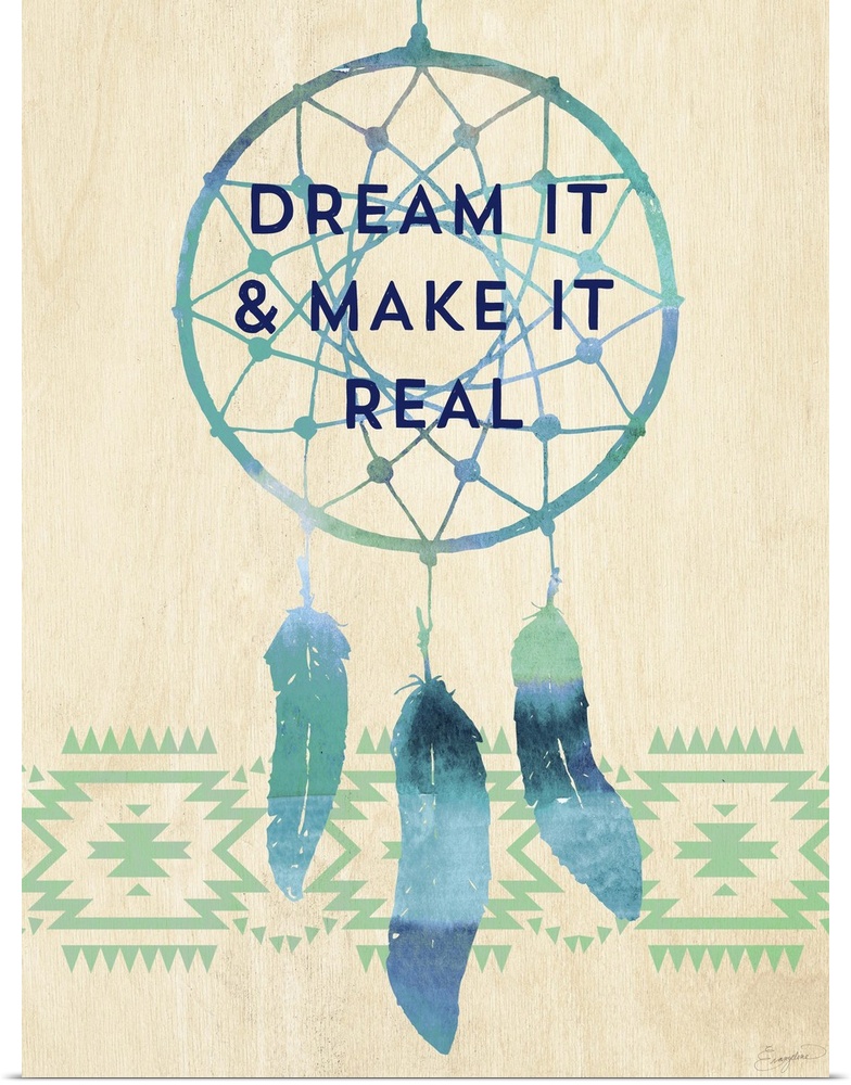 Contemporary watercolor painting of a dream catcher with text in the webbing.