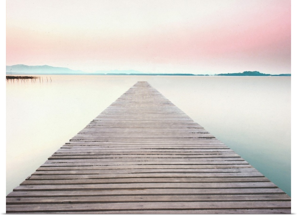 Illustration of a wooden pier leading to the middle of a clam and peaceful lake with a pink sunset above.