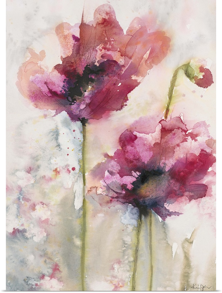 Contemporary artwork of watercolor painted red poppies.