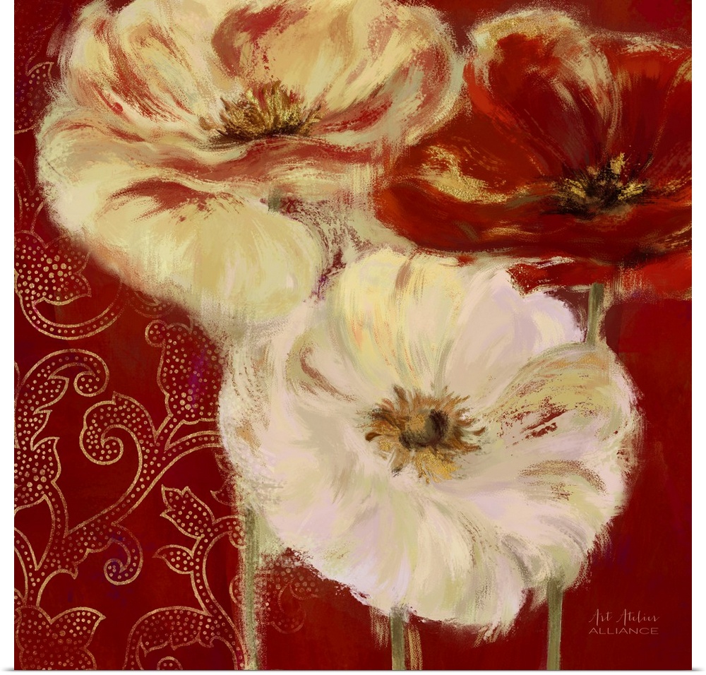 White and red poppies against a deep red background.