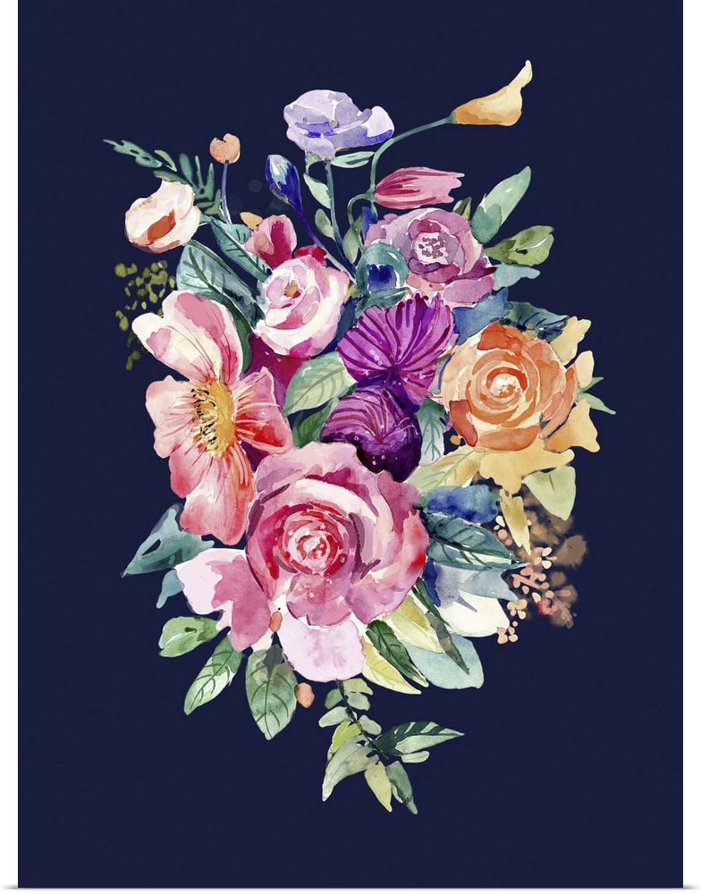 Watercolor painting of a bright bouquet of flowers on dark navy.