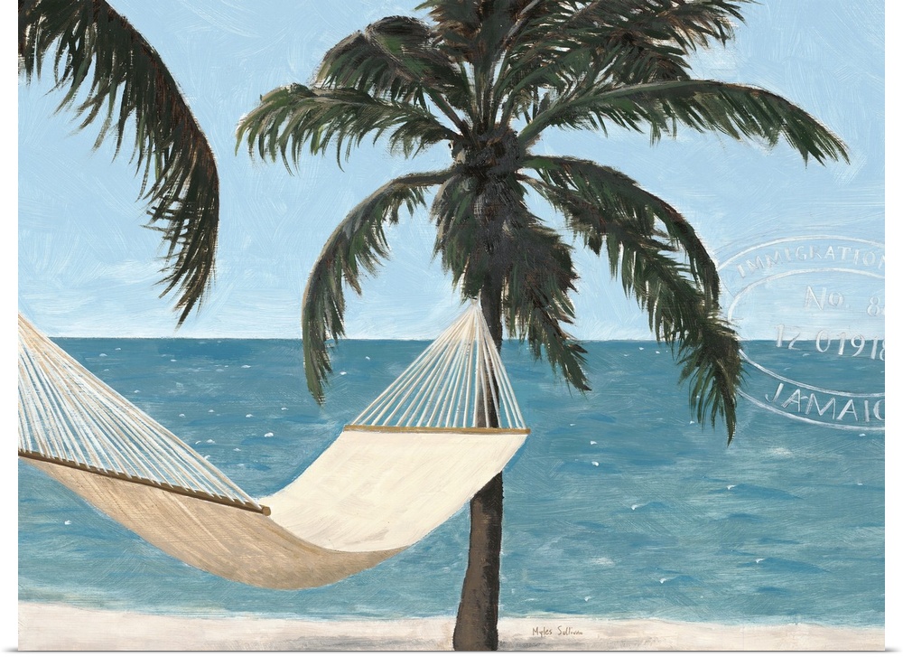 Painting of a hammock hanging between two palm trees overlooking the ocean.