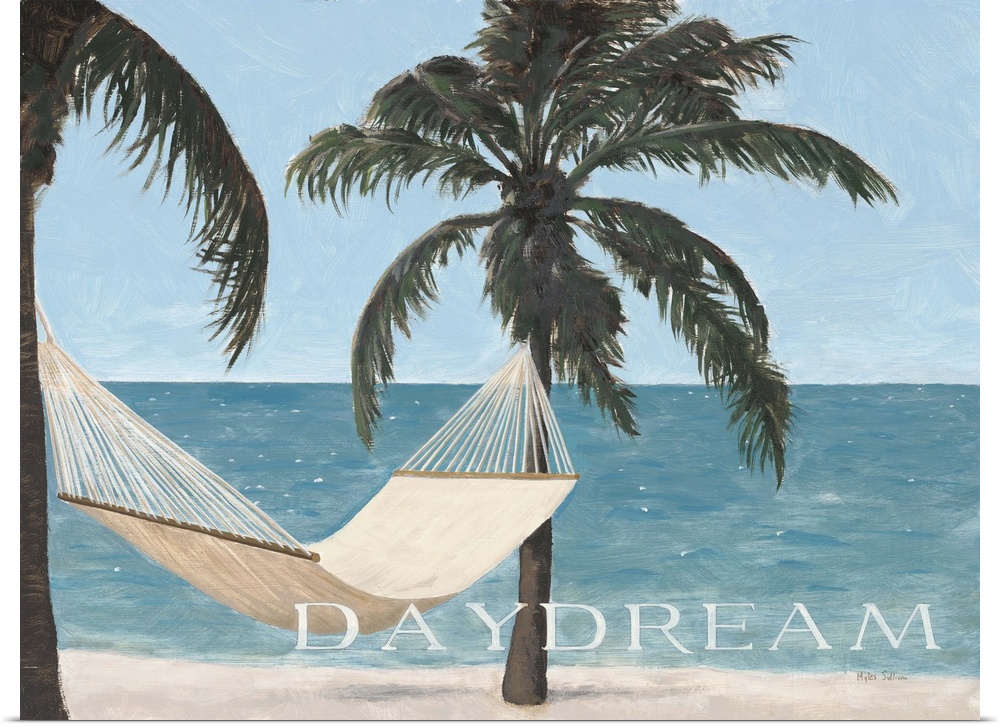 Painting of a hammock hanging between two palm trees overlooking the ocean with the word "Daydream."