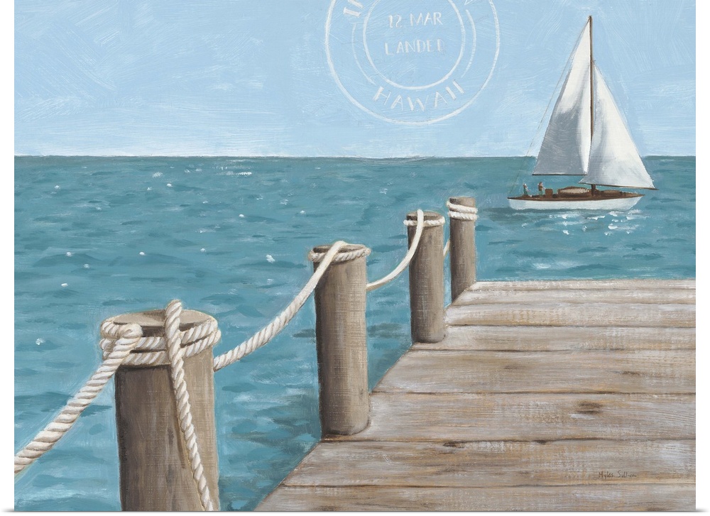 Painting of a dock leading out to the ocean with a sailboat in the distance.