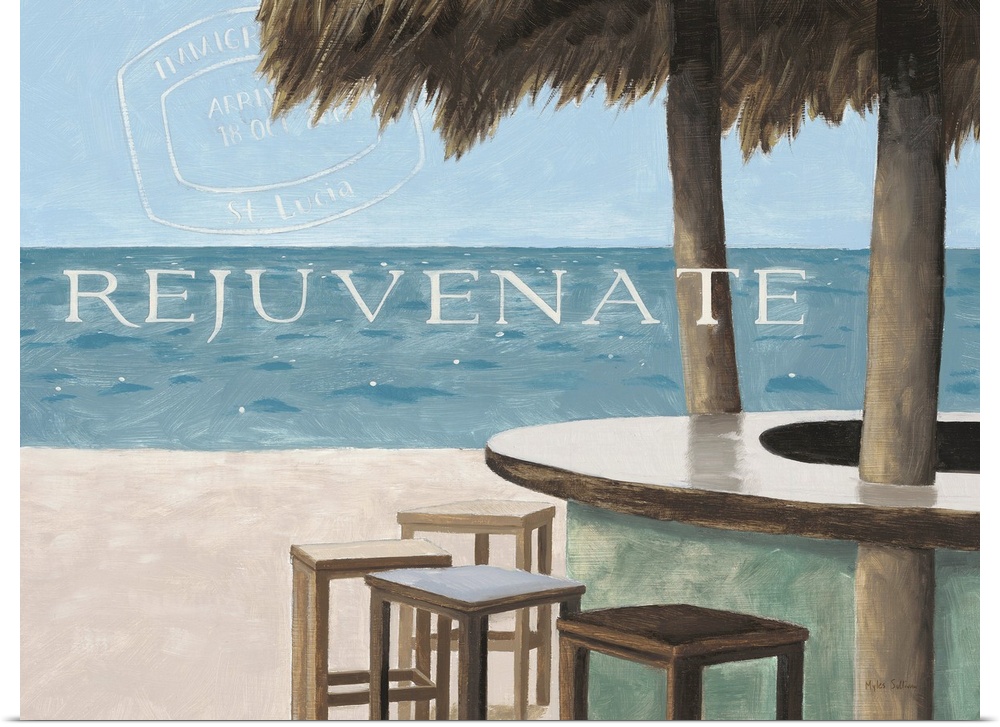 Painting of a oceanside bar overlooking the water and sandy beach, with the word "Rejuvenate."