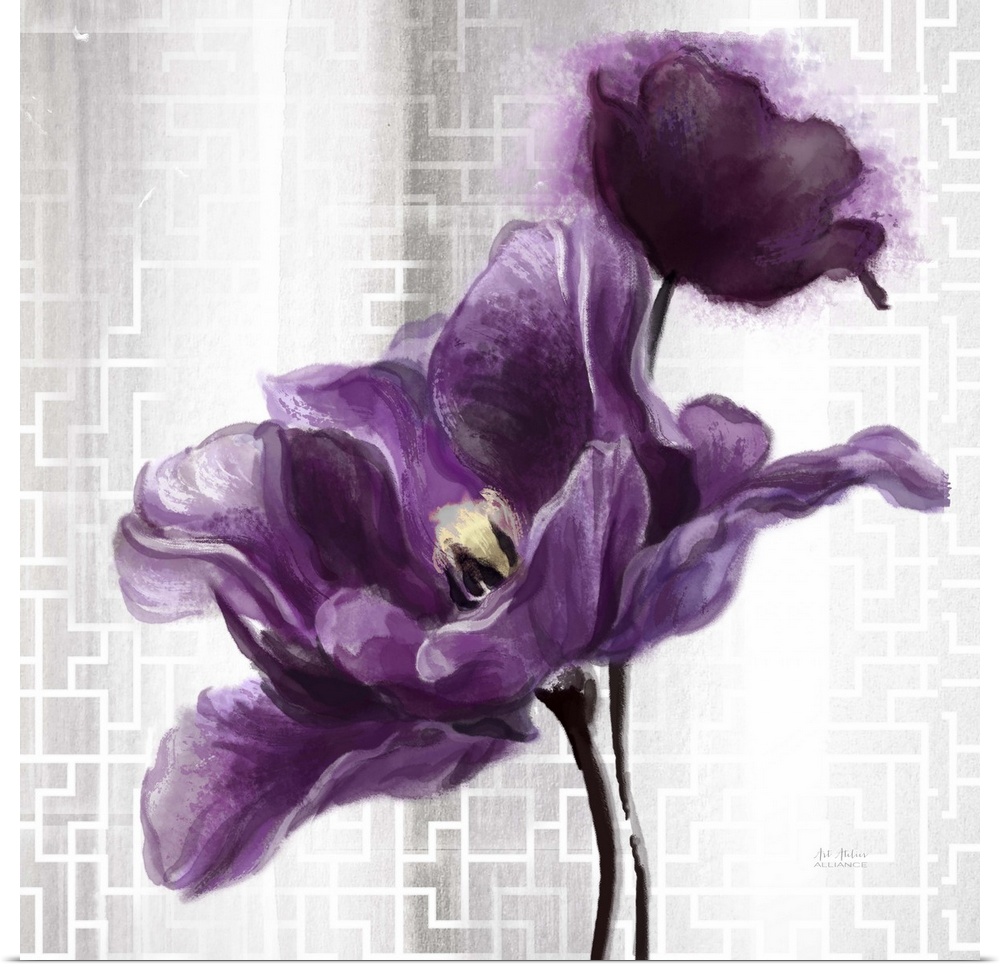 Contemporary home decor art of  purple flower against a silver patterned background.