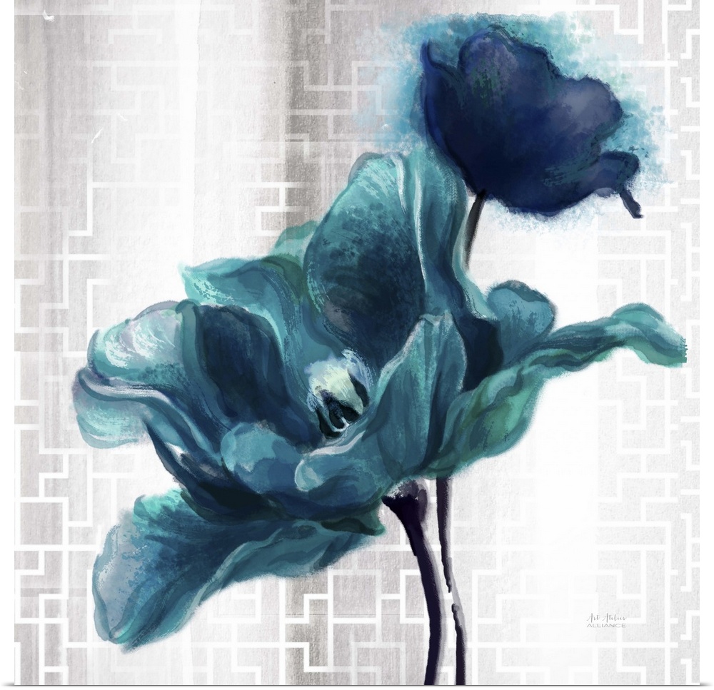 Contemporary home decor art of  turquoise flower against a silver patterned background.