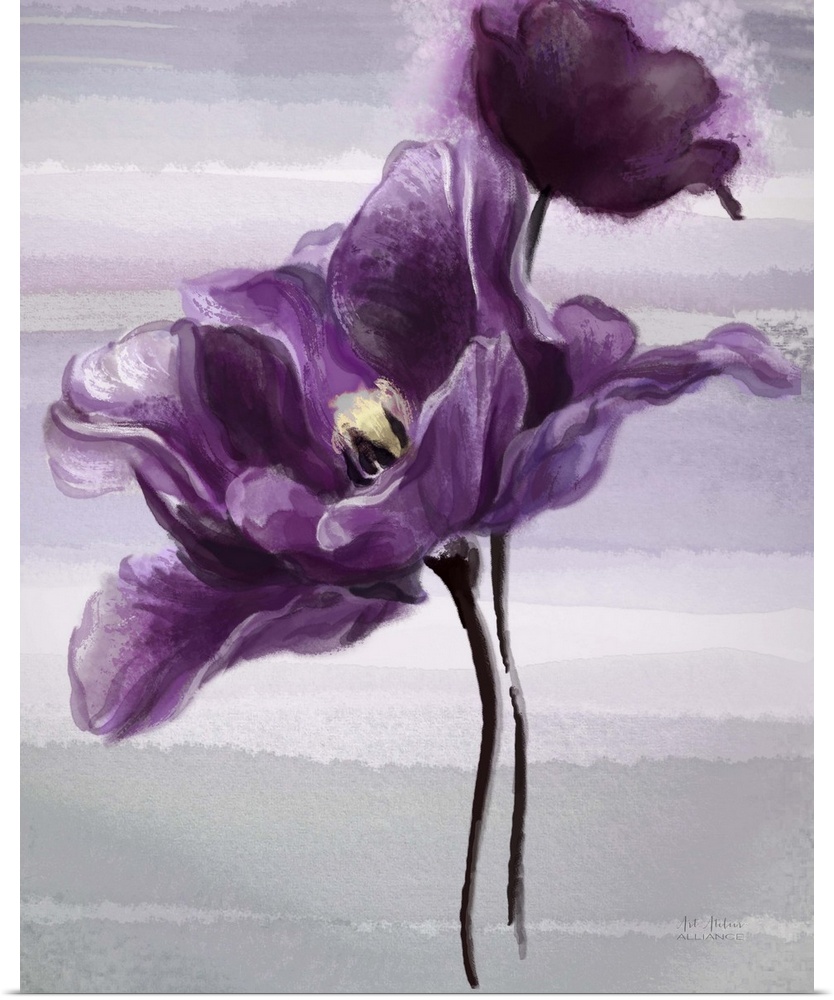 Contemporary home decor art of  purple flower against a light gray background.