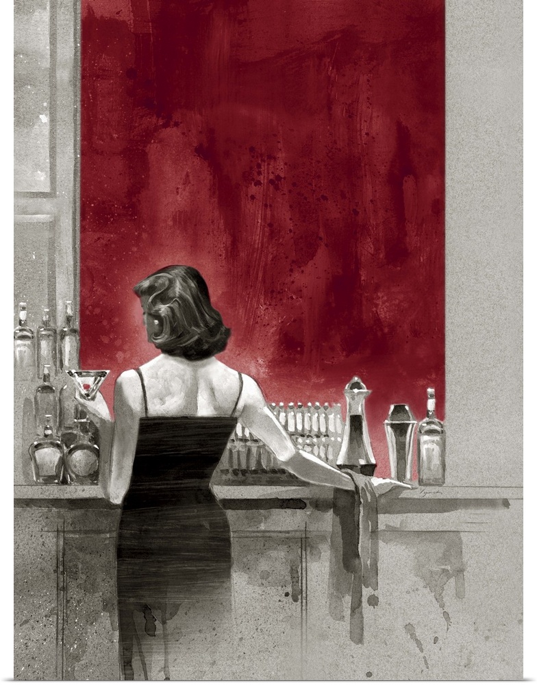 A painting of a woman in a dress standing at a bar with a vibrant red wall, with a drink in her hand.