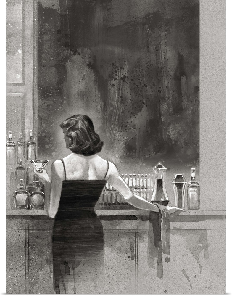 A painting done in gray scale of a woman in a dress standing at a bar, with a drink in her hand.