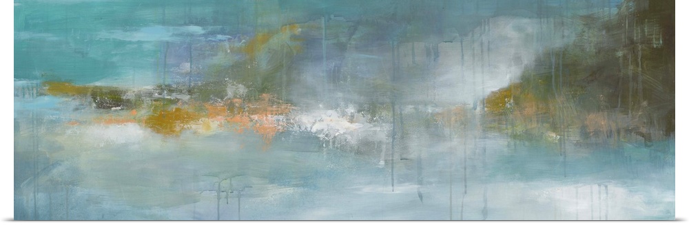 Contemporary abstract painting using tones of blue and brown to create a watery landscape.