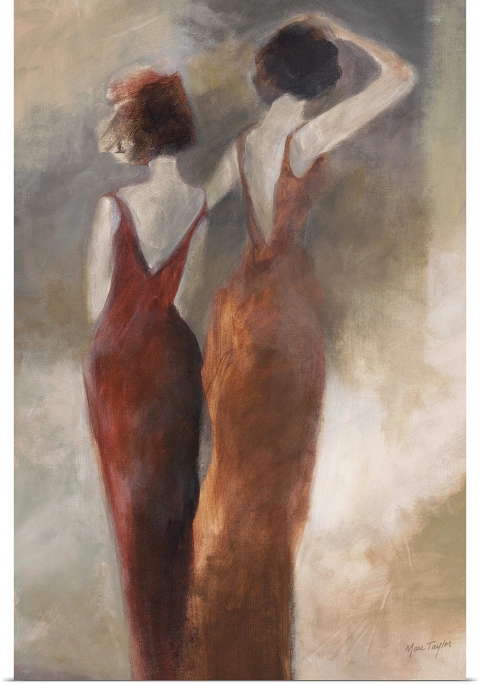 Contemporary painting of two women in evening attire with backs turned to viewer.
