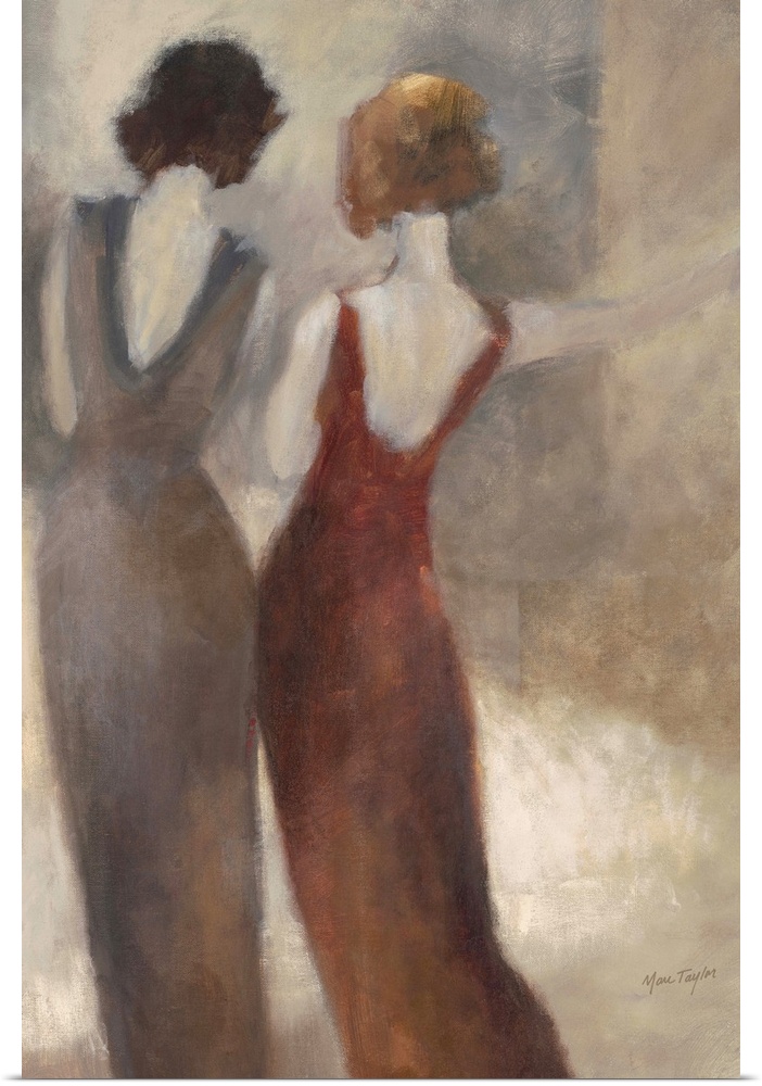 Contemporary painting of two women in evening attire with backs turned to viewer.