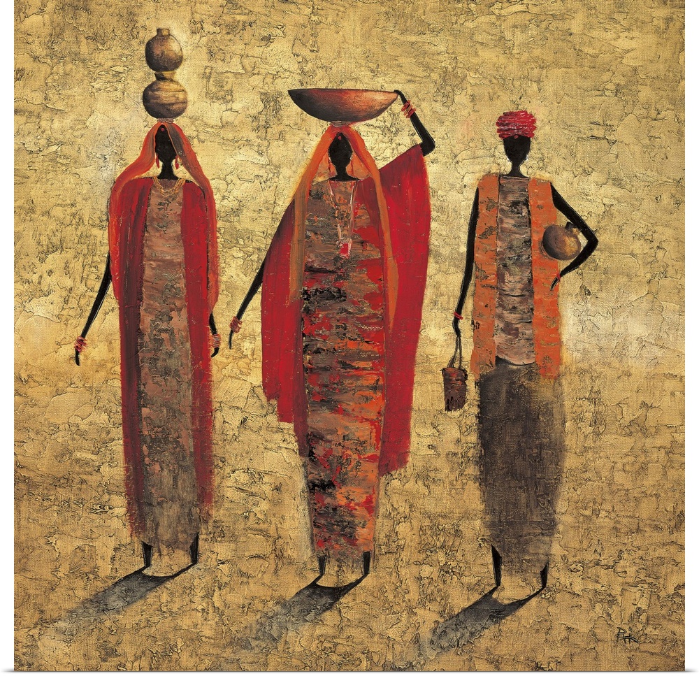 Contemporary painting of tribal figures carrying food and water on their heads.