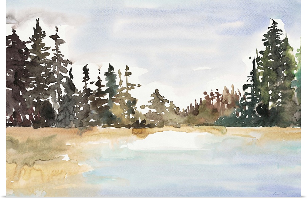 Watercolor landscape painting of a lake with trees along the edge.