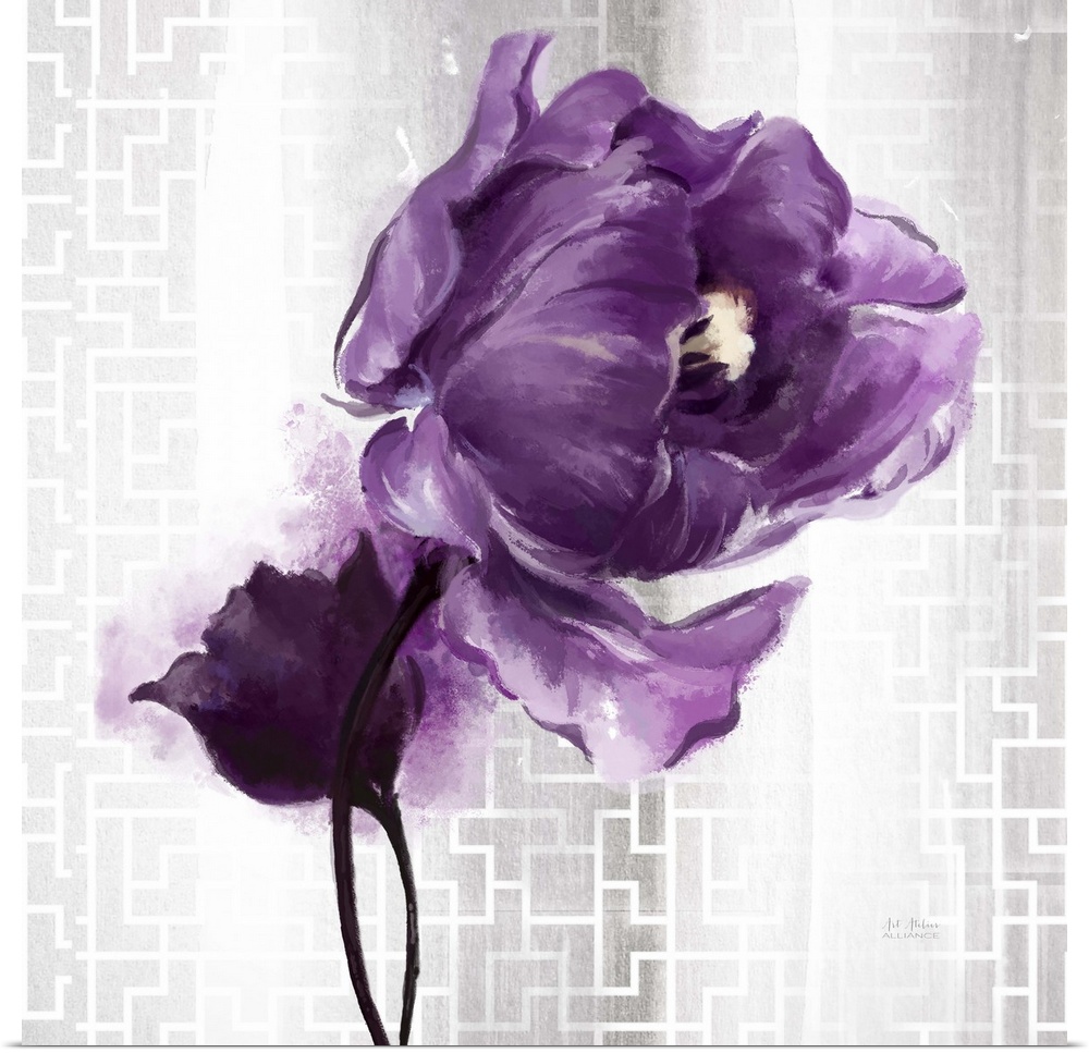 Contemporary home decor art of  purple flower against a silver patterned background.