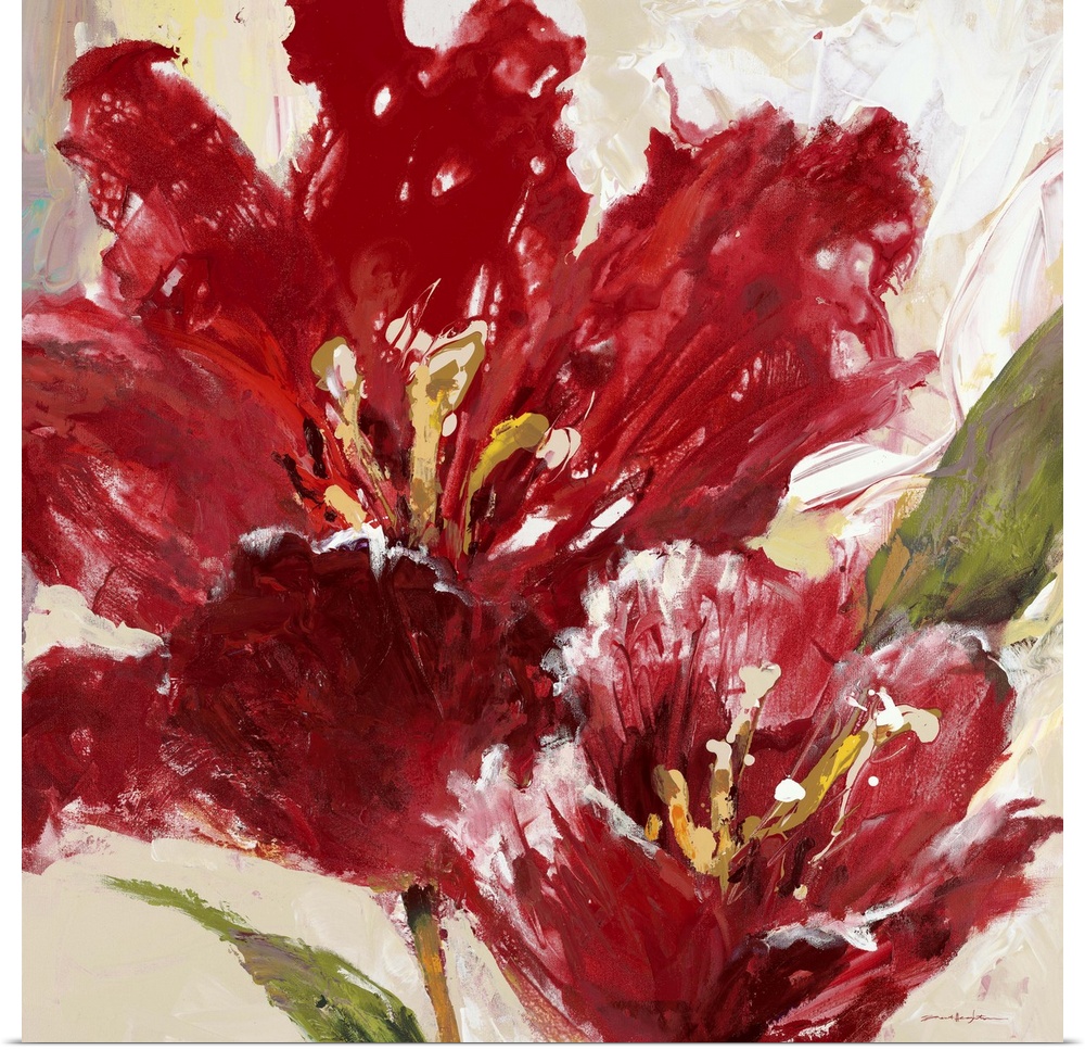 Contemporary painting of vibrant red tulip flowers.