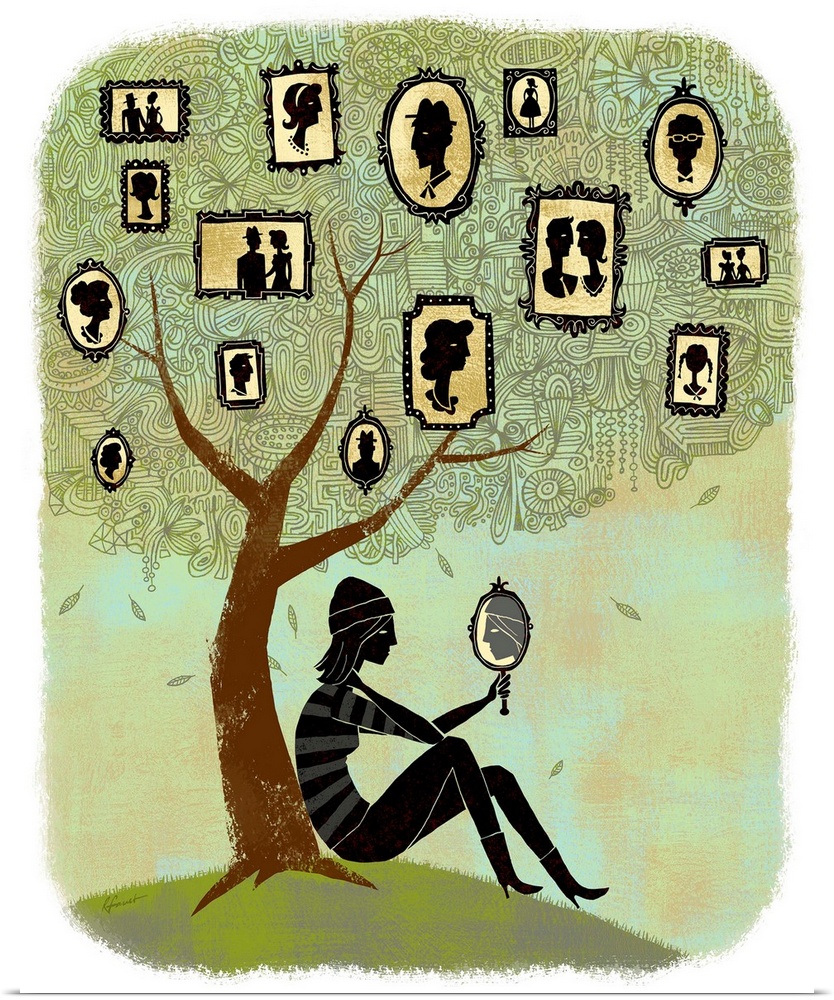 Contemporary illustration with a retro feel of a girl holding a mirror and sitting under a family tree with cameos in fram...