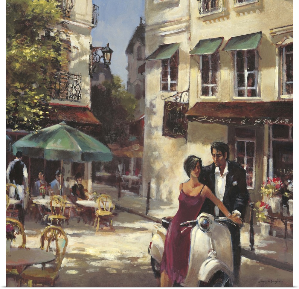 Contemporary painting of a couple beside a scooter in a quint village.