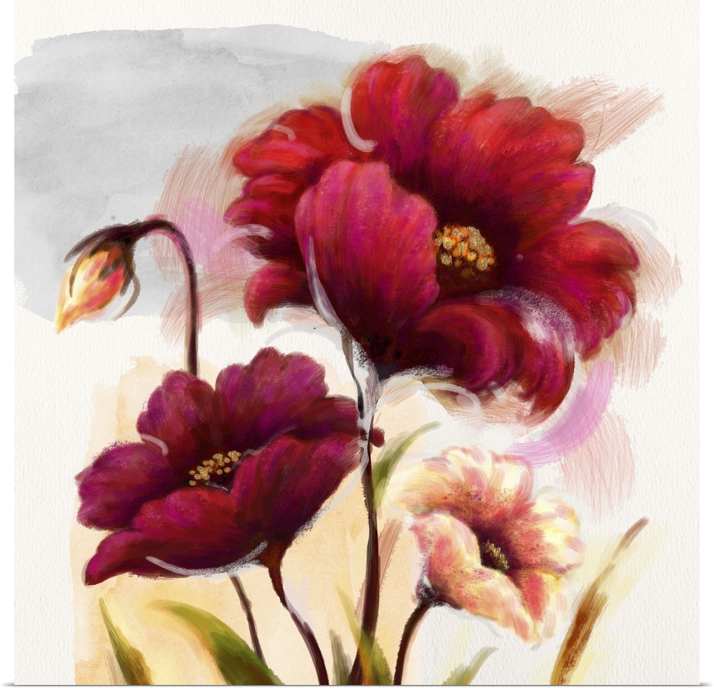 Contemporary home decor art of red flowers against a soft background.