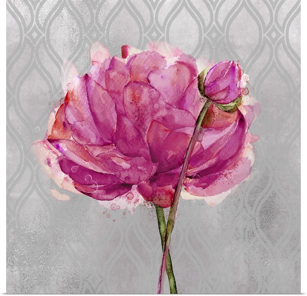 Painting of a pink, purple, and red flower on a gray and silver patterned background.